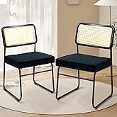 NTailed FOX Mid Century Modern Dining chairs Set of 2, Velvet Chair with Rattan Back & Metal Chrome Legs, Retro Upholstered D