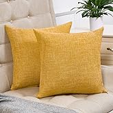 Anickal Set of 2 Mustard Yellow Pillow Covers 18x18 Inch Rustic Linen Decorative Square Throw Pillow Covers for Sofa Couch De