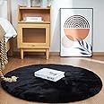 Ghouse Faux Rabbit Fur Round Rug 3ft Black Round Rugs for Bedroom Decor Fluffy Area Rugs for Living Room, no-Shedding Carpet 