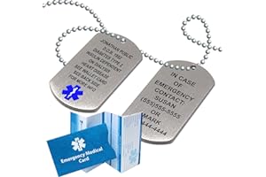 Medical ID Dog Tags, Medical Alert Necklace for Men, 18 lines Custom Laser Engraving Beaded 27” Chain, Incl. Emergency Medica