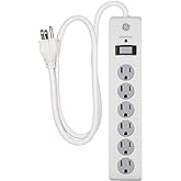 GE 6-Outlet Surge Protector, 3 Ft Extension Cord, Power Strip, 800 Joules, Heavy Duty Plug, Twist-to-Close Safety Covers, Pro