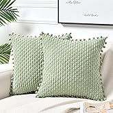 Fancy Homi Set of 2 Sage Green Decorative Throw Pillow Covers 18x18 Inch with Pom-poms for Couch Bed Sofa, Modern Farmhouse B