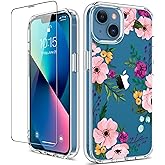 GiiKa for iPhone 13 Case with Screen Protector, Clear Full Body Protective Floral Girls Women Shockproof Hard Case with TPU B