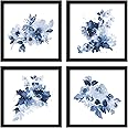 ArtbyHannah 4 Pack 10x10 Blue Wall Art Framed with Black Frame and Floral Print for Bathroom or Home Decoration