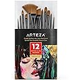 ARTEZA Paint Brushes, Set of 12, Premium Synthetic Brushes with Brass Ferrules & Wooden Handles