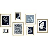 ArtbyHannah Gallery Wall Art Framed - Set of 7 Blue Abstract Picture Frames Collage Wall Decor, Gold Frame with Extra Prints 