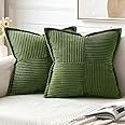 MIULEE Moss Green Corduroy Pillow Covers 18x18 Inch with Splicing Set of 2 Super Soft Boho Striped Pillow Covers Broadside De