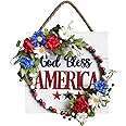 Idyllic God Bless America Sign Wreath for Front Door, 12" Red White and Blue Artificial Flower Wooden Sign Wreath for Memoria