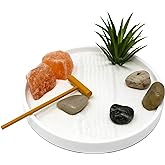 Nature's Mark Mini Zen Garden Kit for Desk with White Sand, Rake, White Base, Salt Rock and Air Plant (Round)