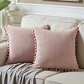 Fancy Homi Pack of 2 Decorative Throw Pillow Covers with Pom-poms, Soft Corduroy Solid Square Cushion Case Pillow Cases Set f