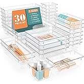 WOWBOX 30 PCS Clear Plastic Drawer Organizer Set, 5 Sizes Desk Drawer Divider Organizers and Storage Bins for Makeup, Jewelry