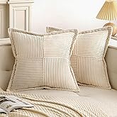 EMEMA Beige Throw Pillow Covers 16x16 Inch Set of 2 Corduroy Decorative Boho Striped with Splicing Textured Farmhouse Home De