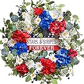 Egolot 20 Inch Patriotic Red White Blue Flowers Wreath for Front Door, Forth of July Hydrangea Daisy Flower Wreath for Indoor
