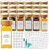 AISIPRIN 24 Pcs Glass Spice Jars with Bamboo Airtight Lids and 398 Labels, 4oz Empty Square Containers Seasoning Storage Bott