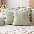 MIULEE Light Green Corduroy Pillow Covers 18x18 Inch with Splicing Set of 2 Super Soft Boho Striped Pillow Covers Broadside D