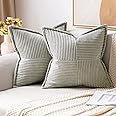 MIULEE Light Grey Corduroy Pillow Covers 18 x 18 inch with Splicing Set of 2 Super Soft Boho Striped Pillow Covers Broadside 