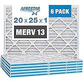 Aerostar 20x25x1 MERV 13 Pleated Air Filter, AC Furnace Air Filter, 6 Pack (Actual Size: 19 3/4"x 24 3/4" x 3/4")