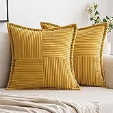 Woaboy Corduroy Pillow Covers 18x18 Inch Mustard Yellow Set of 2 Super Soft Boho Striped Fall Couch Covers Broadside Splicing