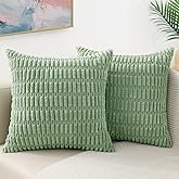 decorUhome Spring Sage Green Decorative Throw Pillow Covers 18x18 Set of 2, Soft Corduroy Striped Square Pillow Covers for Co