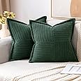 MIULEE Dark Green Corduroy Pillow Covers with Splicing Set of 2 Super Soft Boho Striped Pillow Covers Broadside Decorative Te