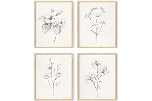 HAUS AND HUES Grey Floral Wall Art - Set of 4 Plant Posters for Wall Vintage, Botanical Prints, Black and White Flower Pictur