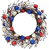 JINGHONG 20 Inch 4th of July Wreath Patriotic Wreaths for Front Door Red White Blue Tulip Wreath with Berries Stars for Memor