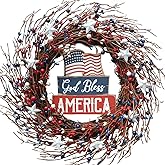 Idyllic 18Inch 4th of July Patriotic Day Wreath Red Blue White Berry Wreath with Americana Flag Patriotic Decorations for Mem