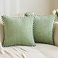 MIULEE Sage Green Boho Decorative Spring Throw Pillow Covers with Pom-poms, Soft Corduroy Square Solid Lumbar Cushion Cases f