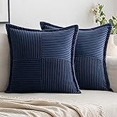 Woaboy Corduroy Pillow Covers 18x18 Inch Navy Blue Set of 2 Super Soft Boho Striped Couch Covers Broadside Splicing Decorativ