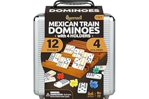 Queensell Mexican Train Dominoes Set with 4 Holders - Wooden Hub and Tiles Holders - Double 12 with Dots (D12 + 4 Holders)