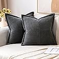 MIULEE Dark Grey Corduroy Pillow Covers 18 x 18 inch with Splicing Set of 2 Super Soft Boho Striped Pillow Covers Broadside D