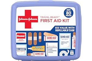 Johnson & Johnson Travel Ready Portable Emergency First Aid Kit for Minor Wound Care with Assorted Adhesive Bandages, Gauze P