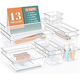 WOWBOX 13 PCS Clear Plastic Drawer Organizer Set, 5 Sizes Desk Drawer Divider Organizers and Storage Bins for Makeup, Jewelry