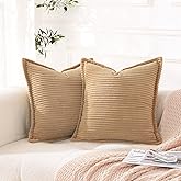 Corduroy Beige Throw Pillow Covers Set of 2 Striped Boho Decorative with Edge Design,Super Soft Khaki Throw Pillow Cushion Co