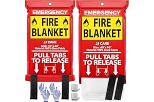 JJ CARE Fire Blanket – 2 Packs with Hooks and Gloves – Emergency Fire Blanket for Home & Kitchen, High Heat Resistant Fire Su