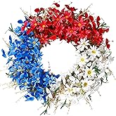 Sggvecsy 21Inch 4th of July Patriotic Day Wreath Artificial Floral Wreath with Daisy Red Blue White Foam Flower Wreath Patrio
