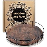 12 Inch Wood Lazy Susan Turntable for Table, Kitchen Rustic Brown Turntable Organizer with Steel Frame, 360 Degree Decorative