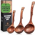 Wooden Ladle Spoon Set, 3 Size Teak Wood Kitchen Serving Spoon with Back Hooks for Pot & Bowl, Non-Stick Wooden Spoon Set for