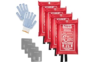 Emergency Fire Blanket (4 Pack, 40 in X 40 in) + 4 Hooks & 1 Gloves, Fiberglass Fireproof Fire Blanket for Home and Kitchen, 