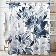 Decoreagy Navy Blue Floral Shower Curtain,Watercolor White Lush Flower Bathroom Shower Curtains,Modern Pretty Ink Flowers Pla