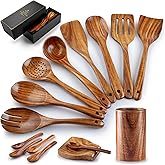 Zulay Kitchen 15-Piece Teak Wooden Utensils for Cooking - Natural Teak Utensil Set with Premium Gift Box - Non-Stick Wooden S