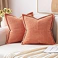 MIULEE Coral Red Corduroy Pillow Covers 18x18 Inch with Splicing Set of 2 Super Soft Boho Striped Pillow Covers Broadside Dec