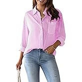 Bozanly Women's Striped Button Down Shirt Casual Classic Long Sleeve Collared Loose Office Top Blouse with Pocket