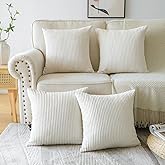 OTOSTAR Set of 4 Cream White Soft Striped Corduroy Decorative Throw Pillow Covers 18x18 Inch Square Pillowcases for Sofa Car 