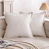 EMEMA White Throw Pillow Covers 16x16 Inch Set of 2 Corduroy Decorative Boho Striped with Splicing Textured Farmhouse Home De