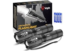 Voph Flashlight 2 Pack, 5 Modes 2000 Lumen Tactical LED Flash Light, High Lumens Bright Waterproof Flashlights, Focus Zoomabl