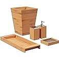 5-Piece Bathroom Decor Set - Bamboo Vanity Accessories with Trash Bin, Soap Dish, Soap Dispenser, Toothbrush Holder, and Tray