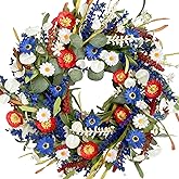 TEMPUS 20-inch Patriotic Wreath Independence Day Red, White and Blue Daisy Grass Leaf Wreath for Doorsteps, Memorial Day Flag