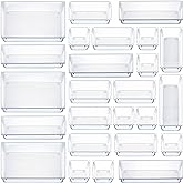 25 PCS Clear Plastic Drawer Organizers Set, 4-Size Versatile Bathroom and Vanity Drawer Organizer Trays, Storage Bins for Mak