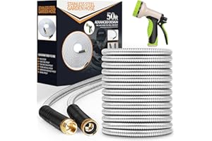 Garden Hose 50ft, Stainless Steel Heavy Duty Water Hose with 10 Function Nozzle Flexible, Lightweight, No-Kink, Pet Proof, Pu